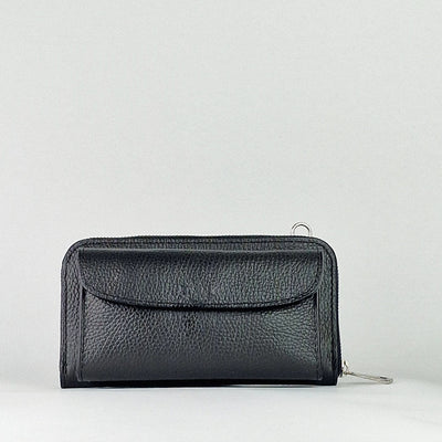 Black Leather Long Wallet with Strap