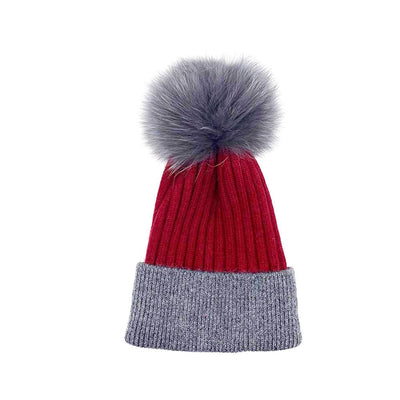 Dark Grey/Red Real Fur Bobble Hat