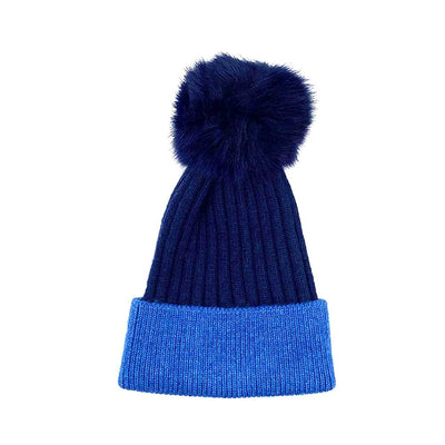 Royal Blue/Navy Real Fur Bobble Hat