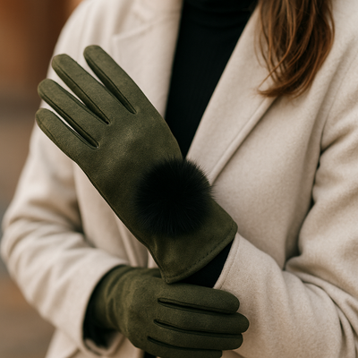 Army Green Suedette Gloves with Fur Pom Poms