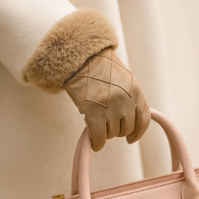 Beige gloves with fur trim
