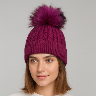 Berry Purple Cable Knit Wool Bobble hat
