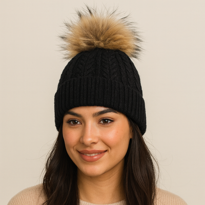 Black Cable Knit Wool Bobble hat - Brown Pom Pom