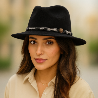 Black Wool fedora Hat with Brown Band