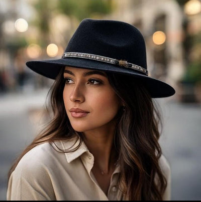 Black Wool fedora Hat with Tribal Band