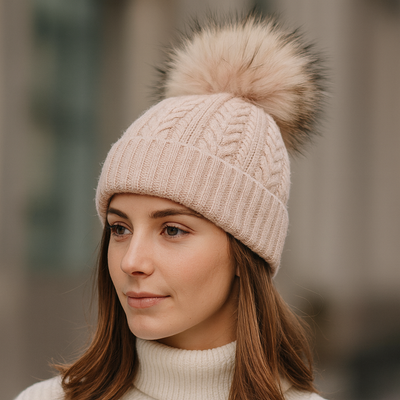 Blush Pink Cable Knit Wool Bobble hat