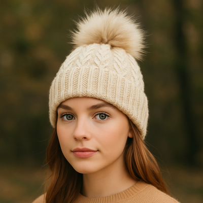 Cream Cable Knit Wool Bobble hat