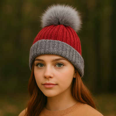 Dark Grey/Red Real Fur Bobble Hat