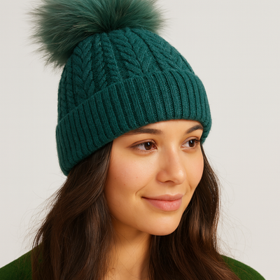 Emerald Green Cable Knit Wool Bobble hat
