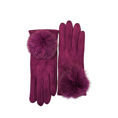 Fuchsia Suedette gloves with Fur Pom Poms