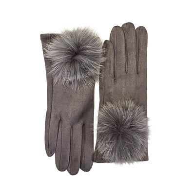 Grey Suedette Gloves with Fur Pom Poms