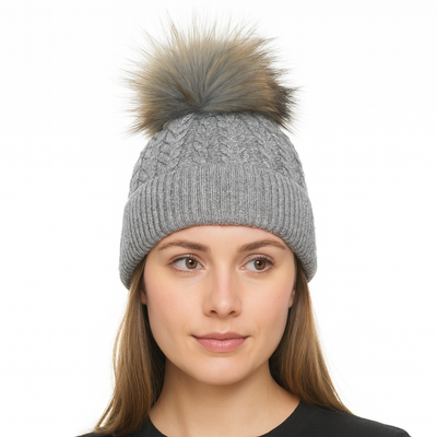 Light Grey Cable Knit Wool Bobble hat