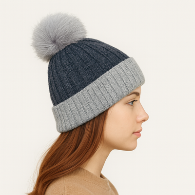 Light Grey/Dark Grey Real Fur Bobble Hat