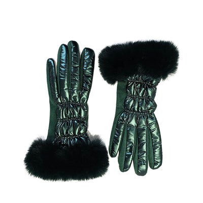 Metallic Green gloves with fur trim
