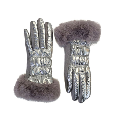 Metallic Silver gloves with fur trim
