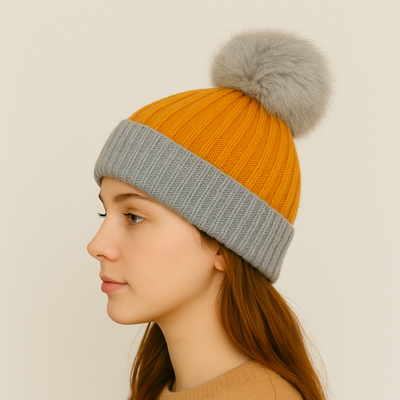 Mustard/Grey Real Fur Bobble Hat