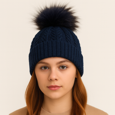 Navy Blue Cable Knit Wool Bobble hat