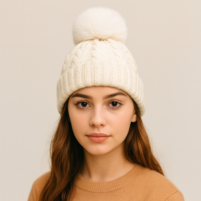 Off White Cable Knit Wool Bobble hat