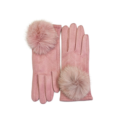 Pink Suedette gloves with Fur Pom Poms