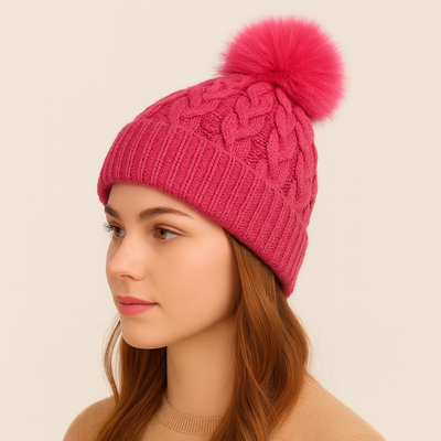 Raspberry Pink Cable Knit Wool Bobble hat