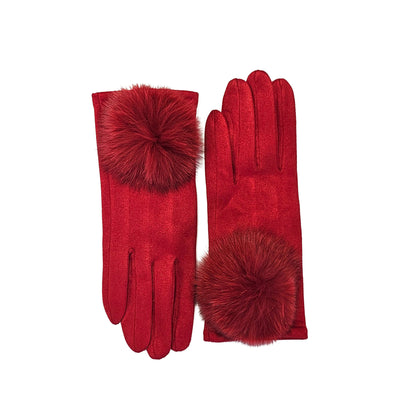 Red Suedette gloves with Fur Pom Poms