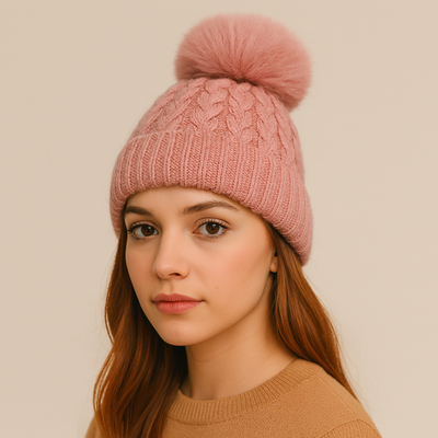 Rose Pink Cable Knit Wool Bobble hat