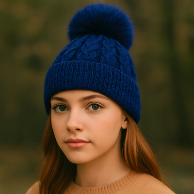 Royal Blue Cable Knit Wool Bobble hat