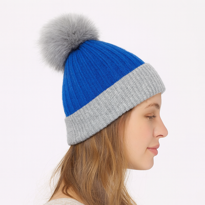 Royal Blue/Grey Real Fur Bobble Hat