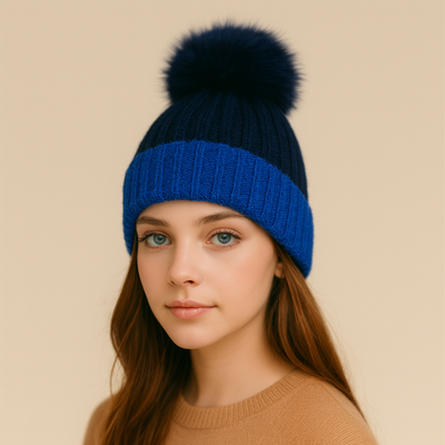 Royal Blue/Navy Real Fur Bobble Hat