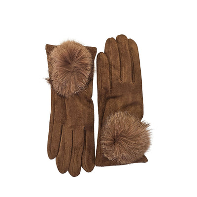 Tan Suedette gloves with Fur Pom Poms