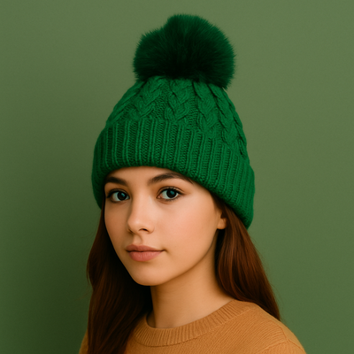 Teal Green Cable Knit Wool Bobble hat