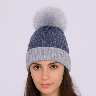 White/Grey Real Fur Bobble Hat