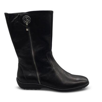 Black Leather Mid-Calf Boots with Silver Zip Clasp