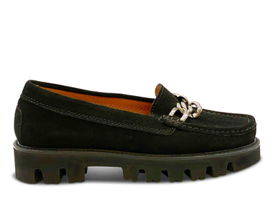 Black Suede Loafer with Silver Chain Detail