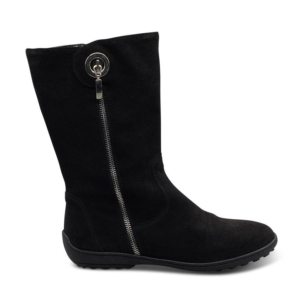 Black Suede Mid-Calf Boots with Silver Zip Clasp - Main Image