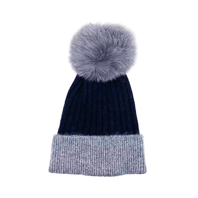 Black/Grey Wool Real Fur Bobble Hat