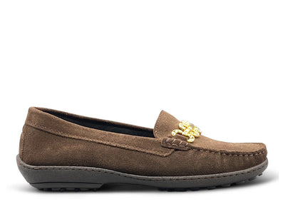 Brown Suede Flat Shoe - Gold Hardware