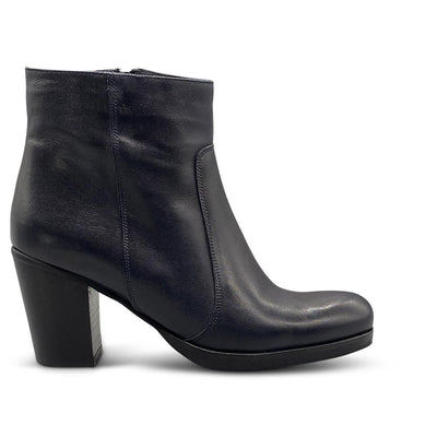 Dark Navy Leather Ankle Boots with Block Heel