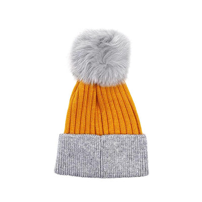 Mustard/Grey Real Fur Bobble Hat