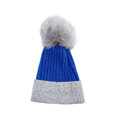 Royal Blue/Grey Real Fur Bobble Hat